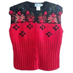 Vintage Hand Knit Embroidered Floral Cranberry Red Ribbed Waist Sweater Size S